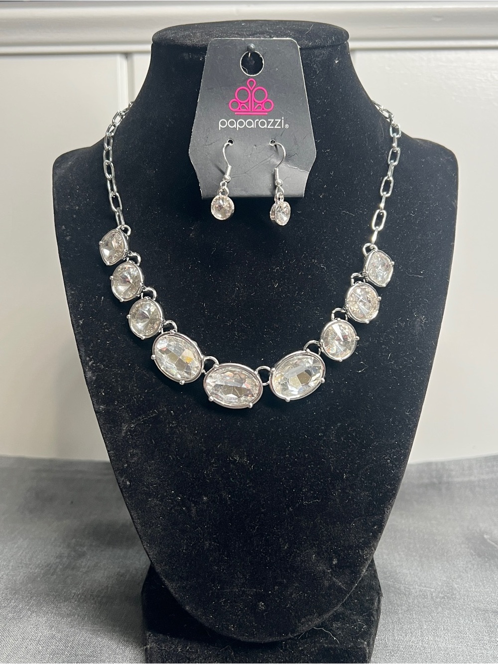 Paparazzi Silver Clear Oval Crystal Necklace and Drop Earrings
